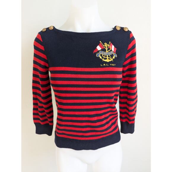 Ralph Lauren Petite Nautical Embroidered Flag Crest Sweater Top Red Blue Cotton - Picture 2 of 8